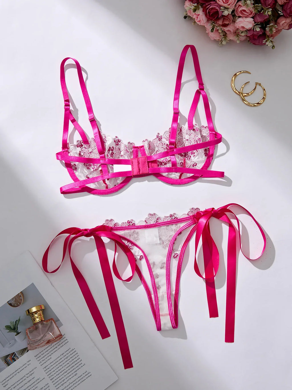 Lady Floral Embroidery Lingerie Set Women Sheer Bra and Brief Underwear Set Satin Sexy Intimates Underwear