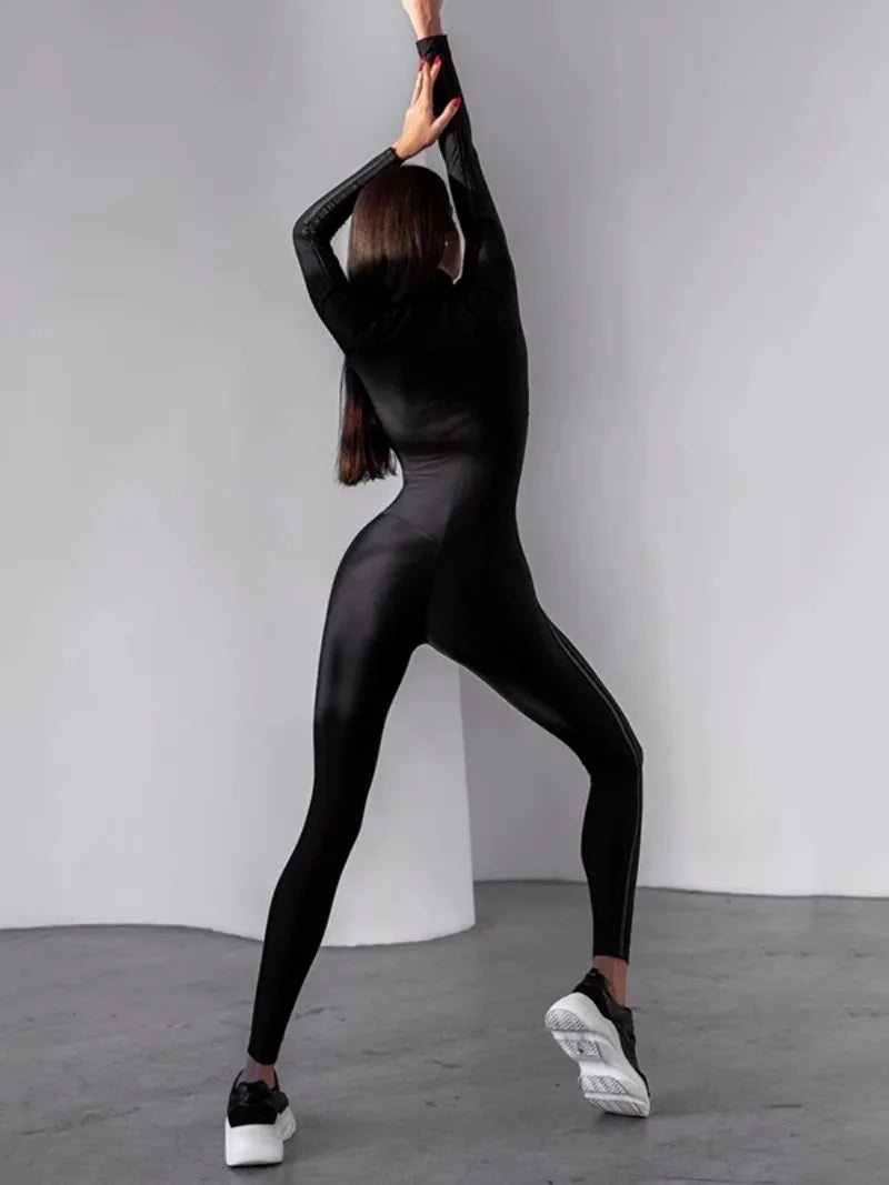 Woman's Clothes Black Jumpsuits Long Sleeve Side Patchwork Striped Zipper Collar Skinny Sporty Yoga Jumpsuit 106346