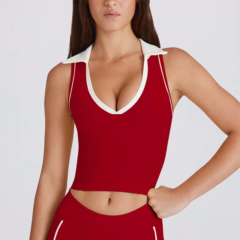 Colorblock V-Neck Tank Top with Built-In Bra Quick-Dry Breathable Sports Bra for Women Running Pilates Gym Yoga Workout