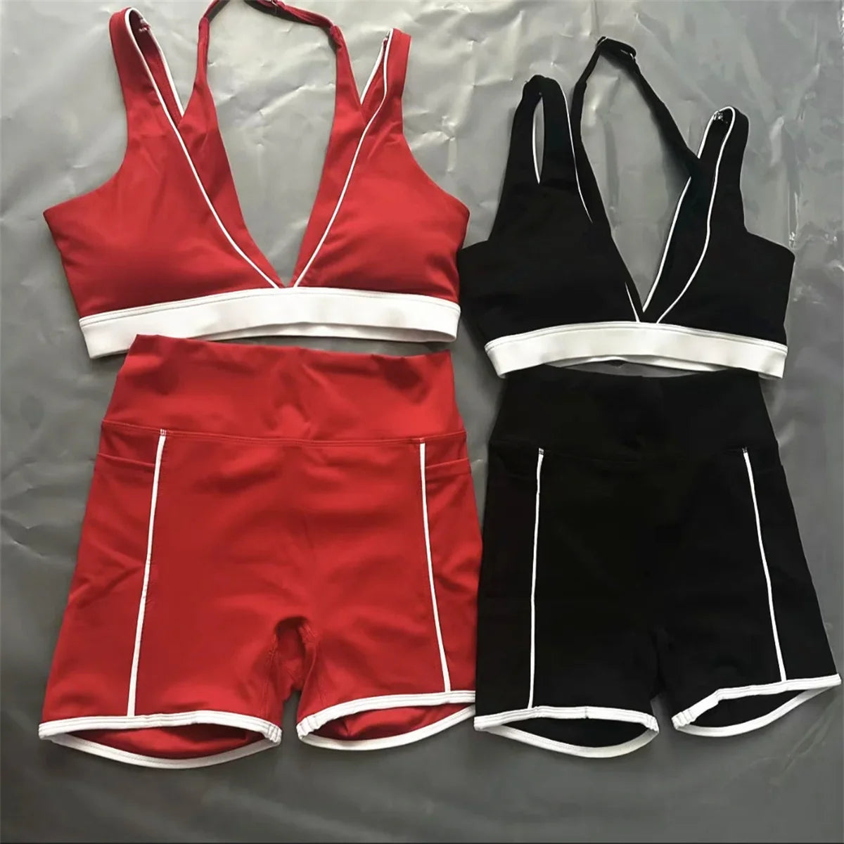 Pad 2PCS Yoga Set Sports Bras V-Neck Halter Pocket Fitness Workout Running Leggings Gym Woman Active Wear Clothing XP26