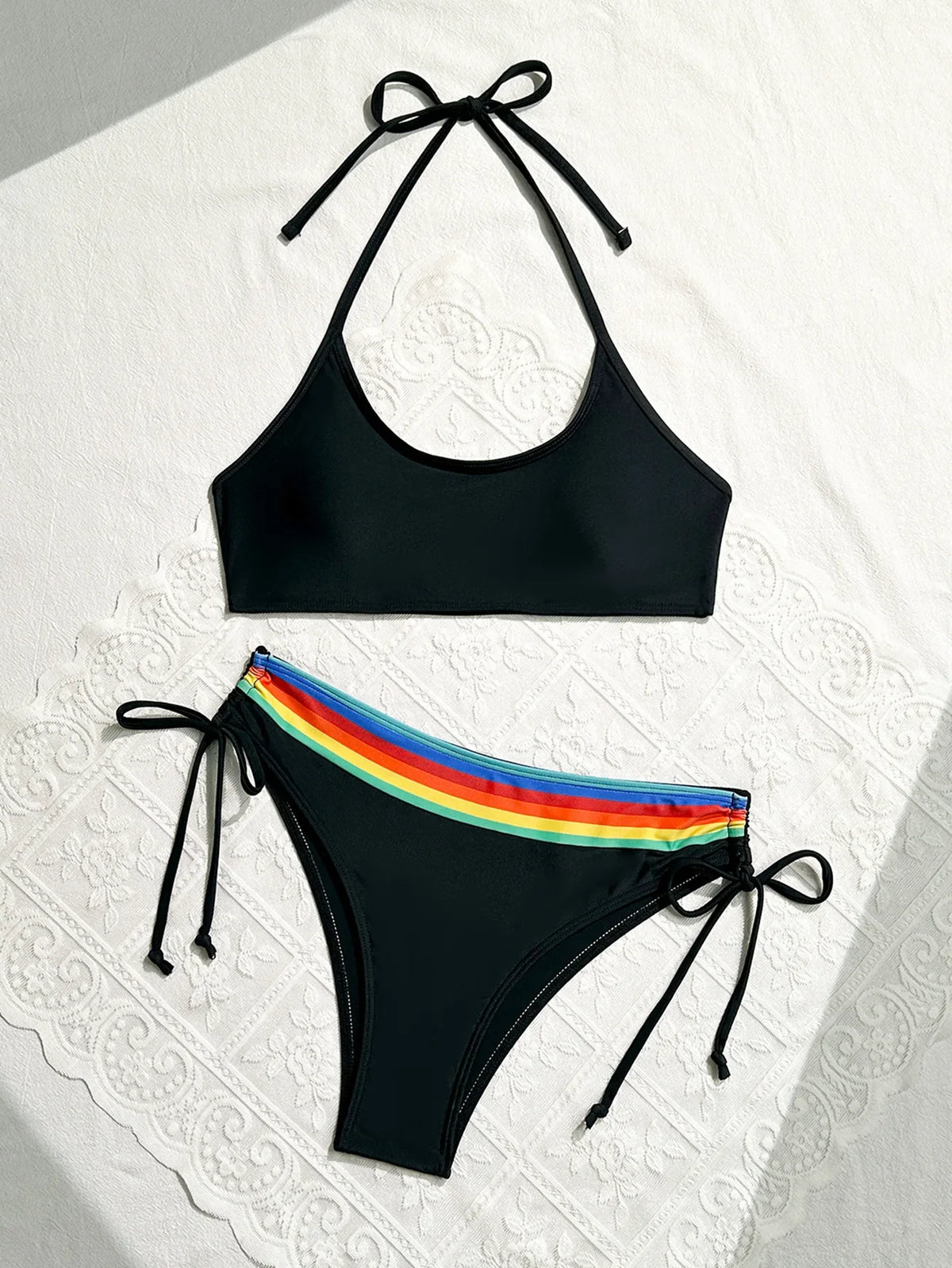 Women's Rainbow Color Bikini Set Sexy Beach Vacation Backless 2 Piece Swimsuit 2024 Summer Bathing Suit Bra Push Up Swimwear