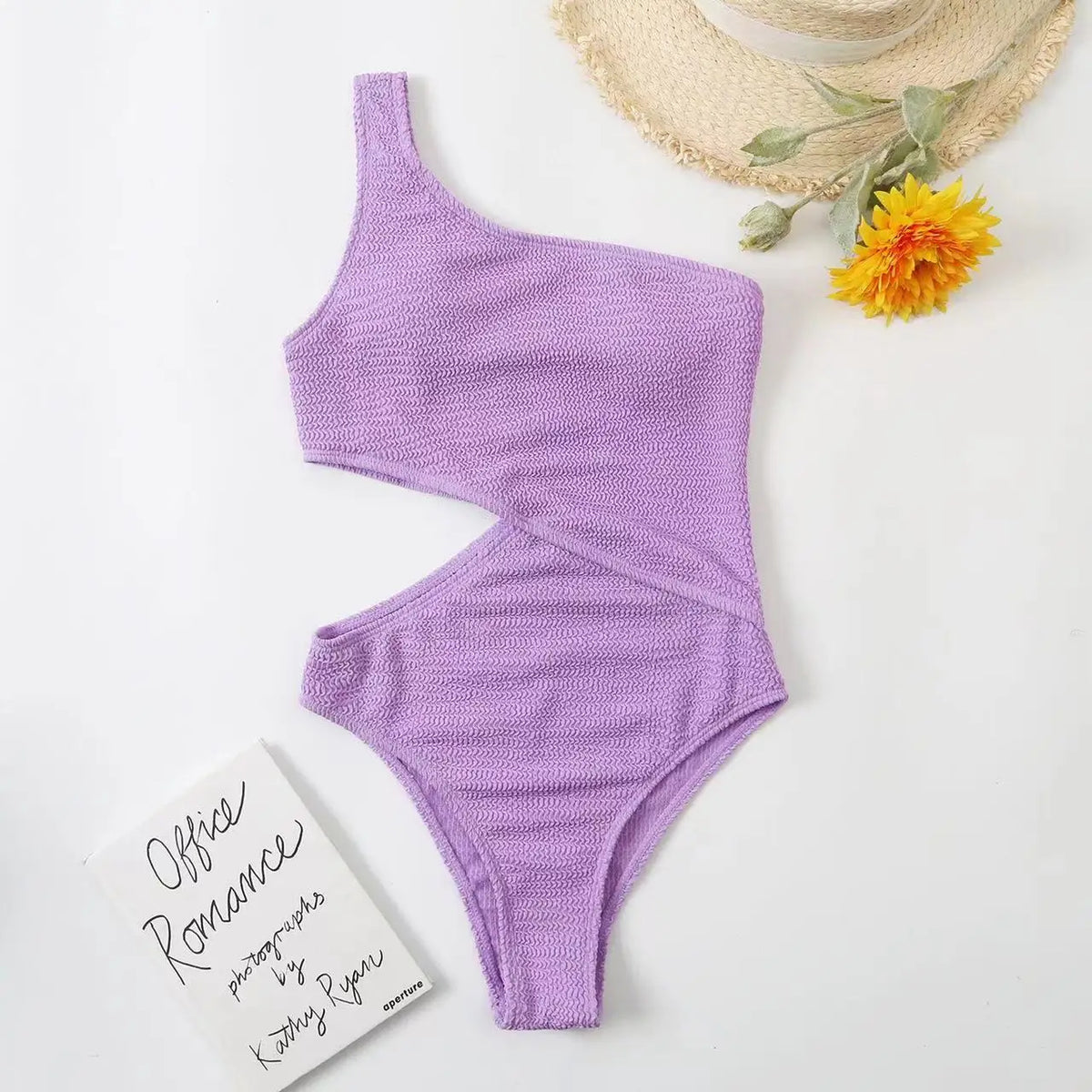 2024 New One Shoulder Women's Swimsuit One Piece Cut Out Sexy Swimwear Women Textured Monokini Solid Bathing Suit Beach Wear