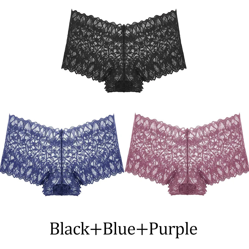 3Pcs Women Lace Boyshort Panties Low-Rise Sexy Underwear Trendy Floral Underpants Female Sexy Boyshort Panties Ladies Lingerie