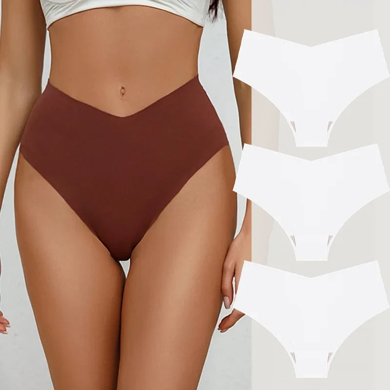 3PCS Women's Seamless Maillard Underwear Sexy V-Shaped Mid Waist Ice Silk Briefs 10 Soild Color Cozy Stretch Sexy Underpant S-XL
