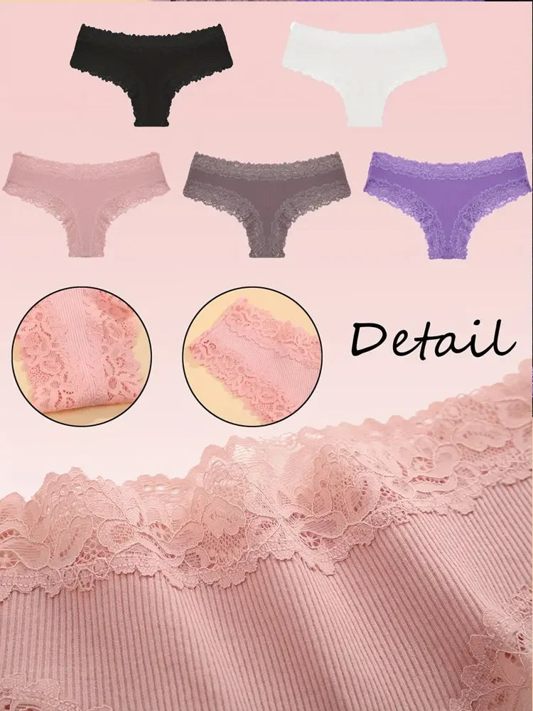3Pcs Sexy Women Cotton Brazilian Pants Lace Brazilian Briefs Low Waist Floral Solid Color G-string Breathable Soft Lingerie