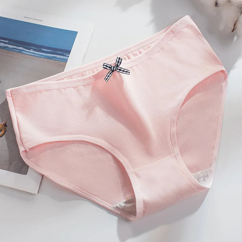 5Pcs Women Underwear Made Of Pure Cotton, Breathable Mid Waist, Pure Color, Thin Breathable Bow Underwear For Girls