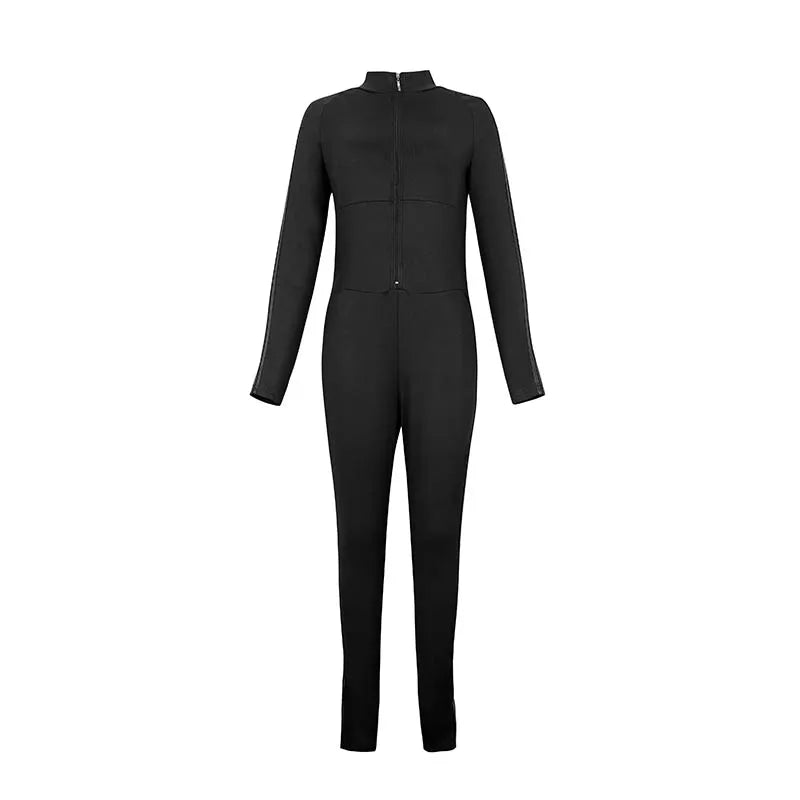 Woman's Clothes Black Jumpsuits Long Sleeve Side Patchwork Striped Zipper Collar Skinny Sporty Yoga Jumpsuit 106346