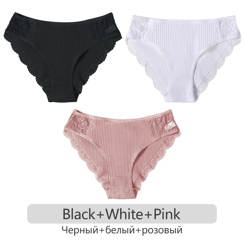 3Pcs/set Women's Cotton Panties M-2XL Trendy Patchwork Lace Underwear Female Low Waist Briefs Ladies Comfortable Underpants 2023