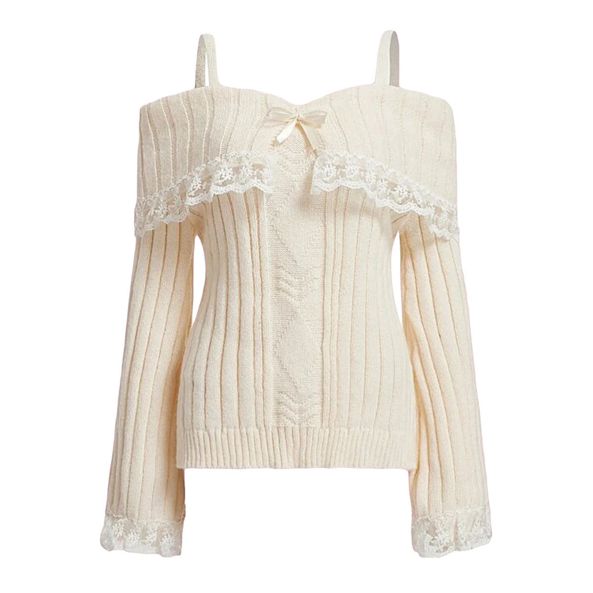 Women Long Sleeve Contrast Lace Knit Pullovers Autumn Winter Cold Shoulder Sweaters Bow Front Jumper Tops Beige/Pink