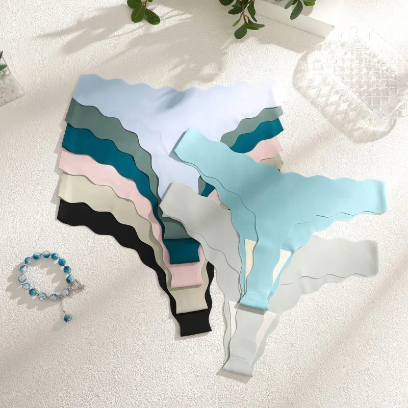 4Pcs Women Seamless Panties Wavy Design Ultra-thin Thongs Women Ice Silk Underwear Sexy Panty Low Waist G-string Female Solid