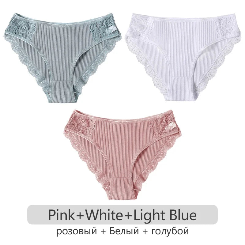 3Pcs/set Women's Cotton Panties M-2XL Trendy Patchwork Lace Underwear Female Low Waist Briefs Ladies Comfortable Underpants 2023
