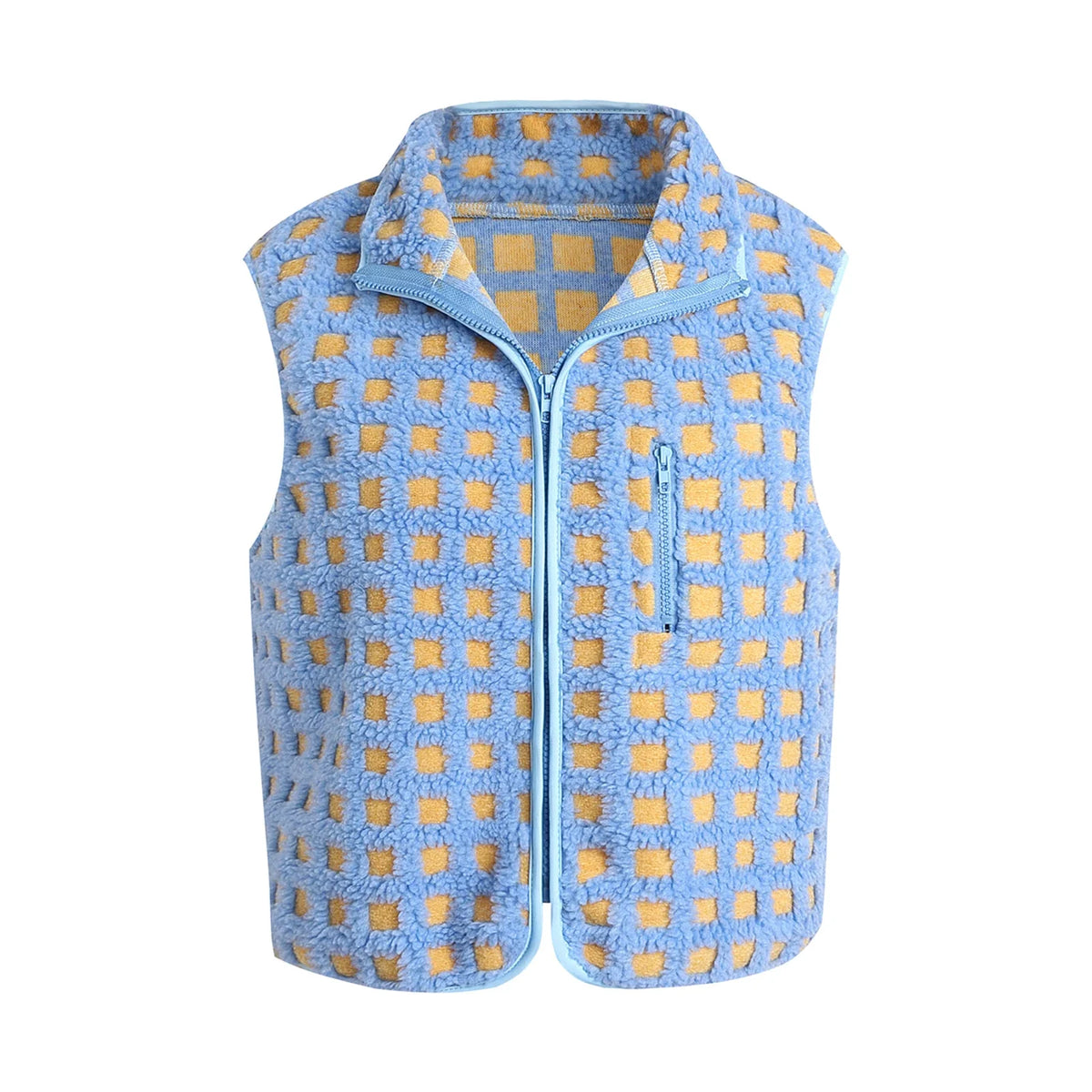 Women’s Fuzzy Checkered Vest Sleeveless Stand Collar Zip Up Vest Jacket Loose Spring Fall Warm Outwear