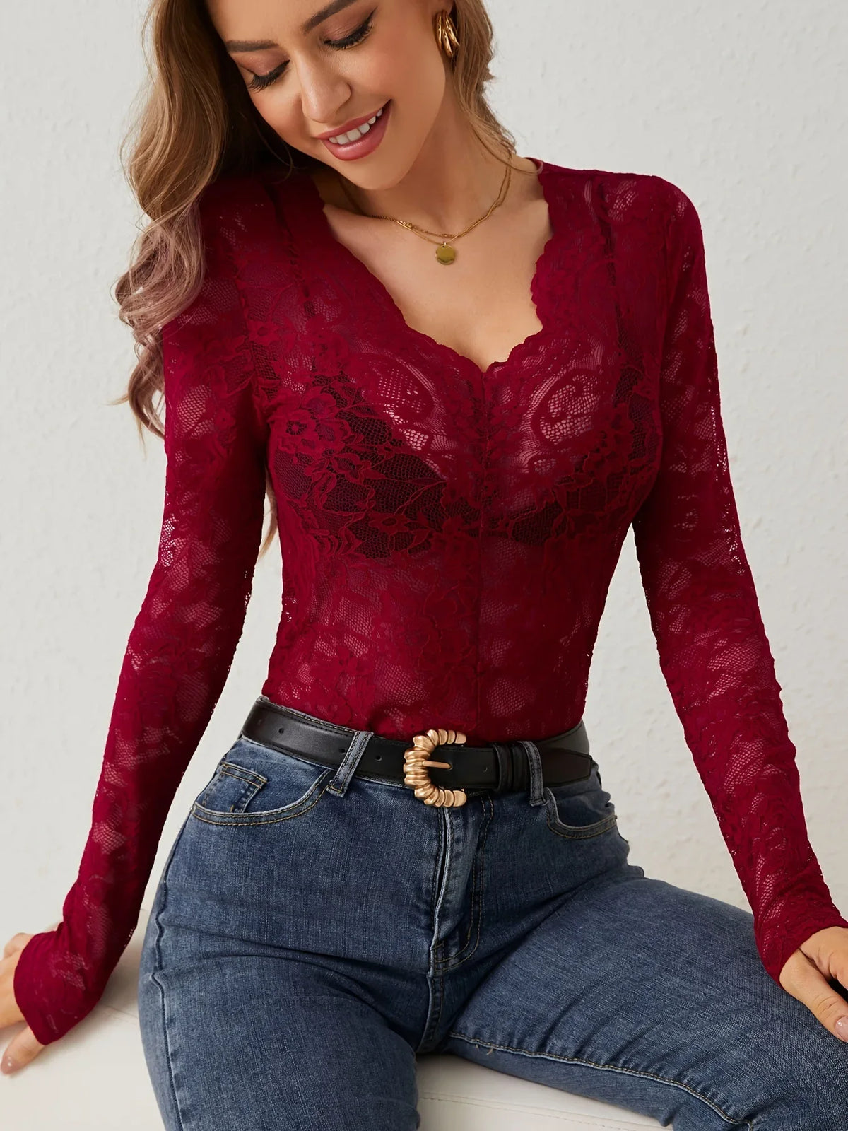 Women Sexy Base Layer Shirt Solid Black Sheer Lace Top Slim Flower Scallop Trim V Neck Long Sleeve T-shirt Trendy Tight Lace Top