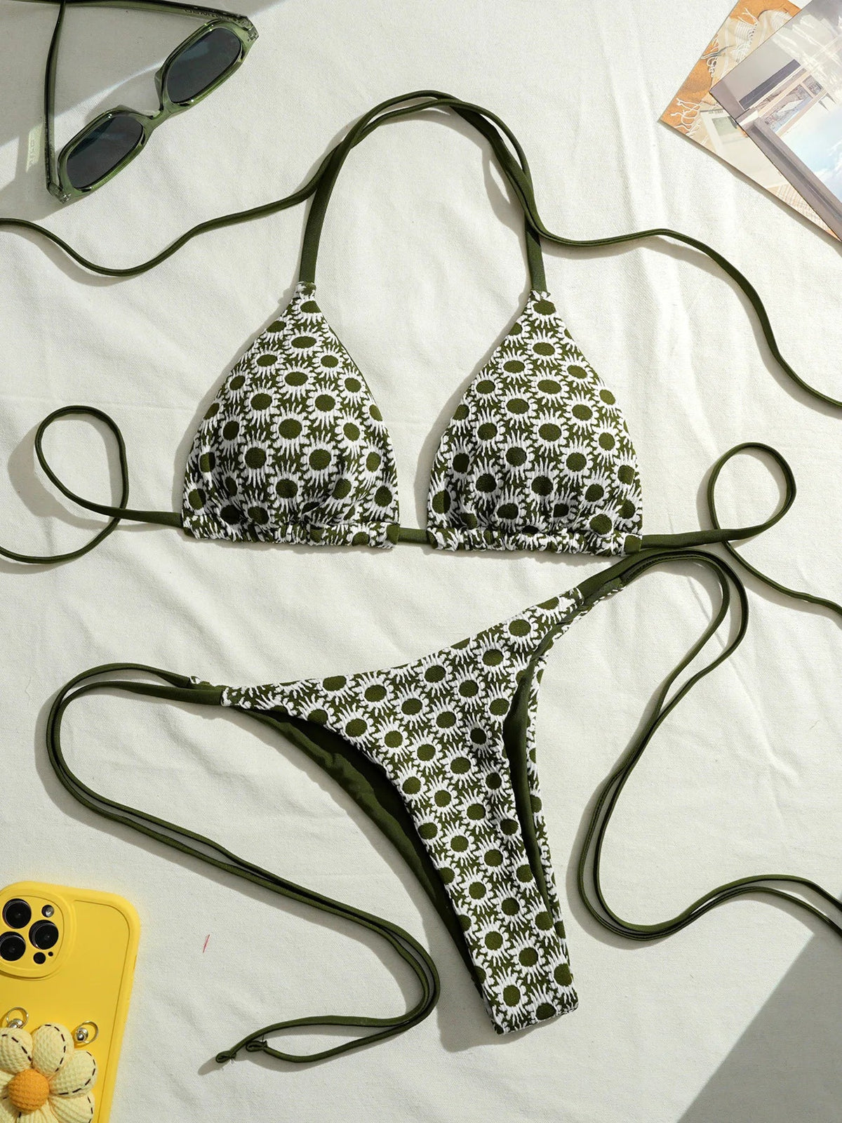 Sexy Green Sunflower Print Mini Bikini 2026 Women Halter Push Up Bra Tie Side Bandage Thong Swimsuit Beach Bathing Suit Swimwear