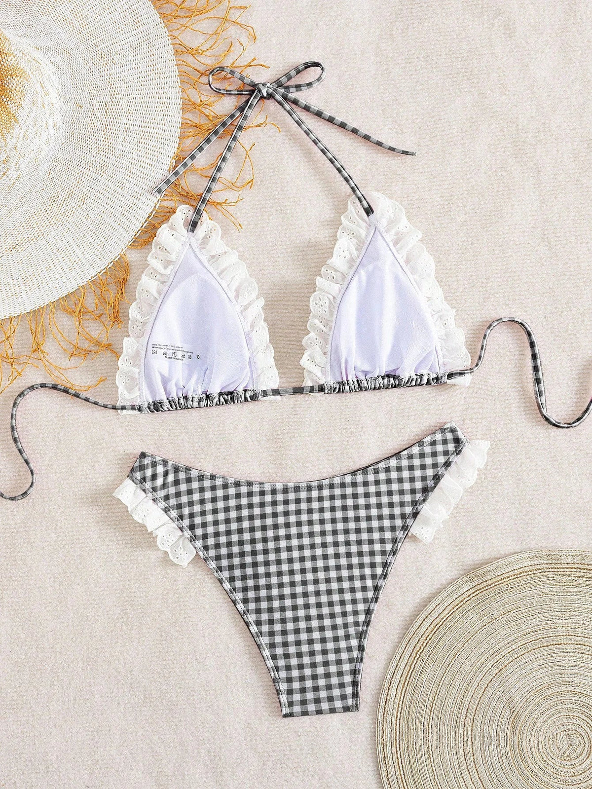 Cute Pink Plaid Print Micro Bikini 2026 Women Ruffles Lace Patchwork Push Up High Waist Swimsuit Bathing Suit Holiday Swimwear