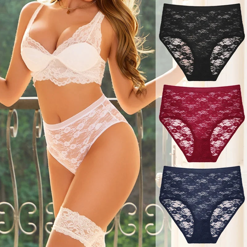 FINETOO 3PCS Women Lace Panties Sexy Hollow Underpants Sexy High Waist Lace Panty Elegant& Romantic Ladies Breathable Underwear