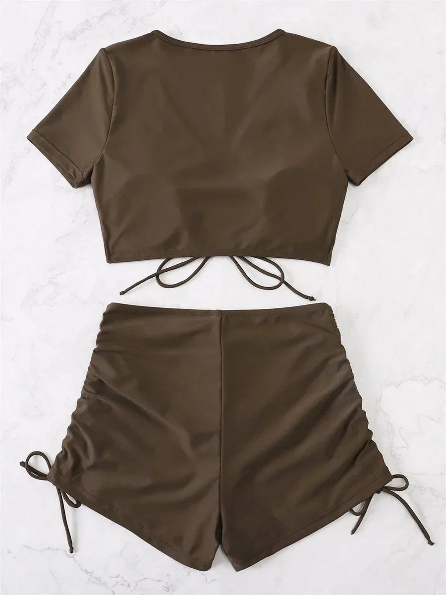 Sexy Drawstring Bikini Set 2026 Women Green Black Short Sleeve Two Piece Swimsuit Summer Bathing Suit Pleate High Waist Swimwear