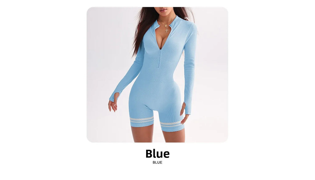 Women Sports Line Shorts Playsuits Zipper Neck One Piece Yoga Romper Pants Workout Fitness Gym Training Tights Suits