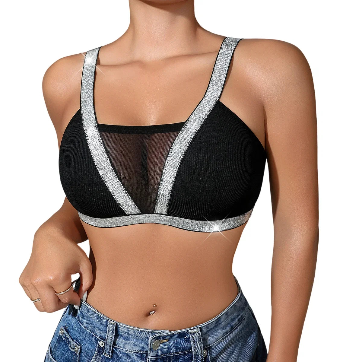 1pcs Fashion New Style Bras Silver Satin Women's Underwear Wire-Free Padless Bras Elegant Lady Bra Comfortable Sexy Lingerie