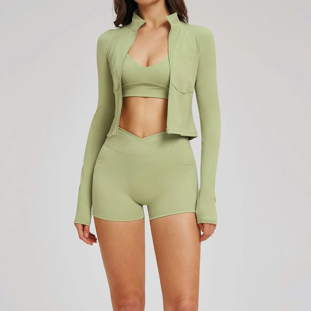 New 3 Pieces Yoga Set Women Workout Sportswear Gym Clothing Fitness Long Sleeve Crop Top Shorts Leggings Female Sport Bra Suits