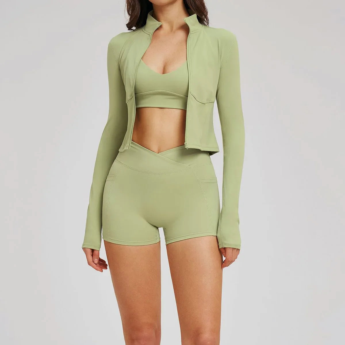 New 3 Pieces Yoga Set Women Workout Sportswear Gym Clothing Fitness Long Sleeve Crop Top Shorts Leggings Female Sport Bra Suits