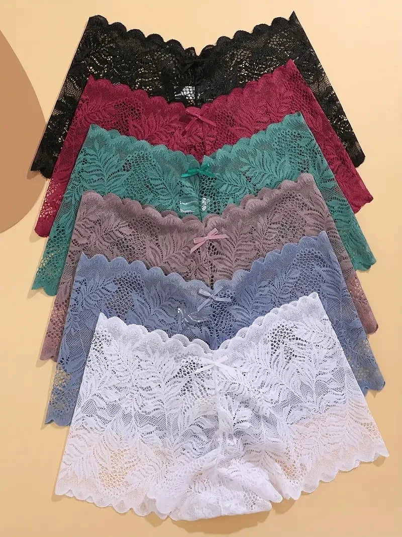 6PCS Women Lace Boxers Briefs Sexy Seamless Breathable Low Waist Female Underwear Solid Color Intimates High Elastic Lingerie