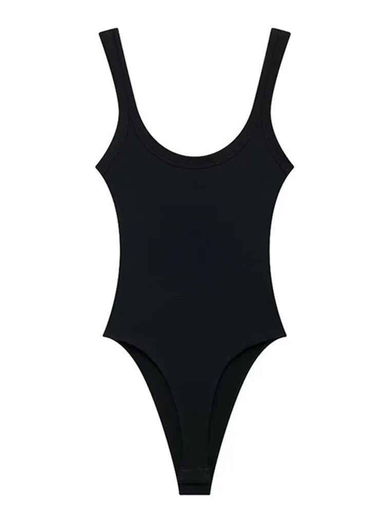Women's Skinny Ribbed O-Neck Bodysuits with Straps Snap-Button Sexy Fashion Playsuits Comfortable Stretchy Female Clothing