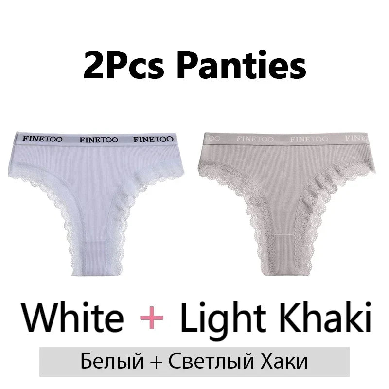 FINETOO 2Pcs/Set Women Cotton Brazilian Panties Plus Size M-2XL Lingerie Sexy Lace Underwear Low Rise Girls Intimates Underpants