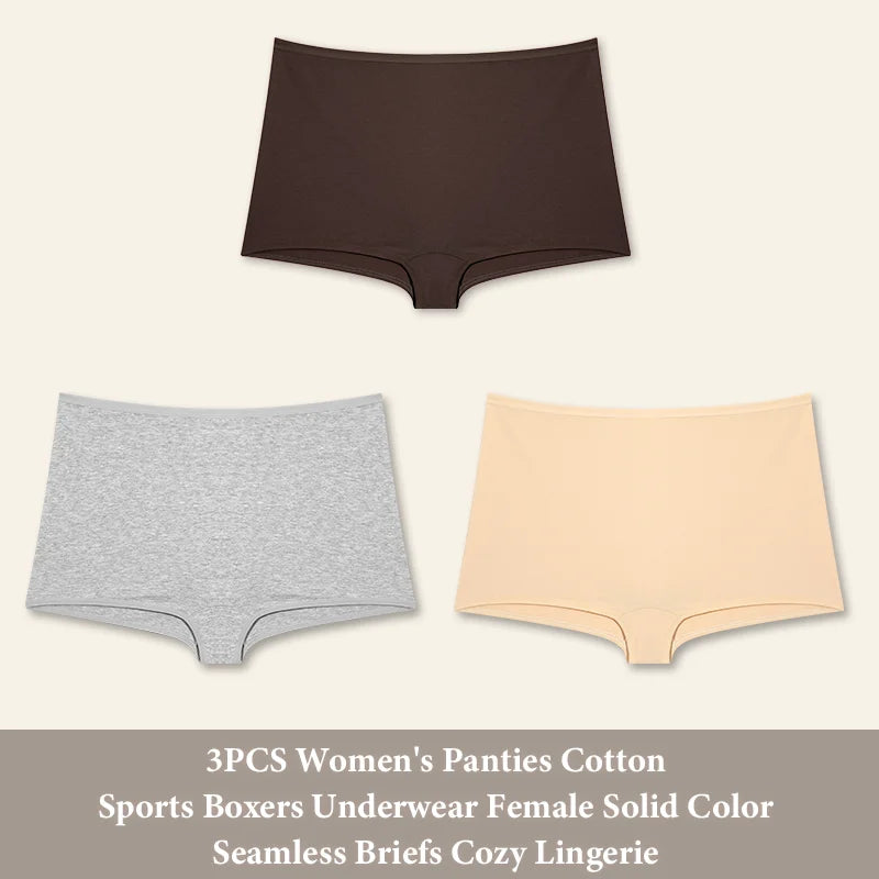 3PCS Women's  Cotton Seamless Panties Sports Boxers Underwear Female Solid Color Briefs Cozy Lingerie Intimate Underpants XS-XL