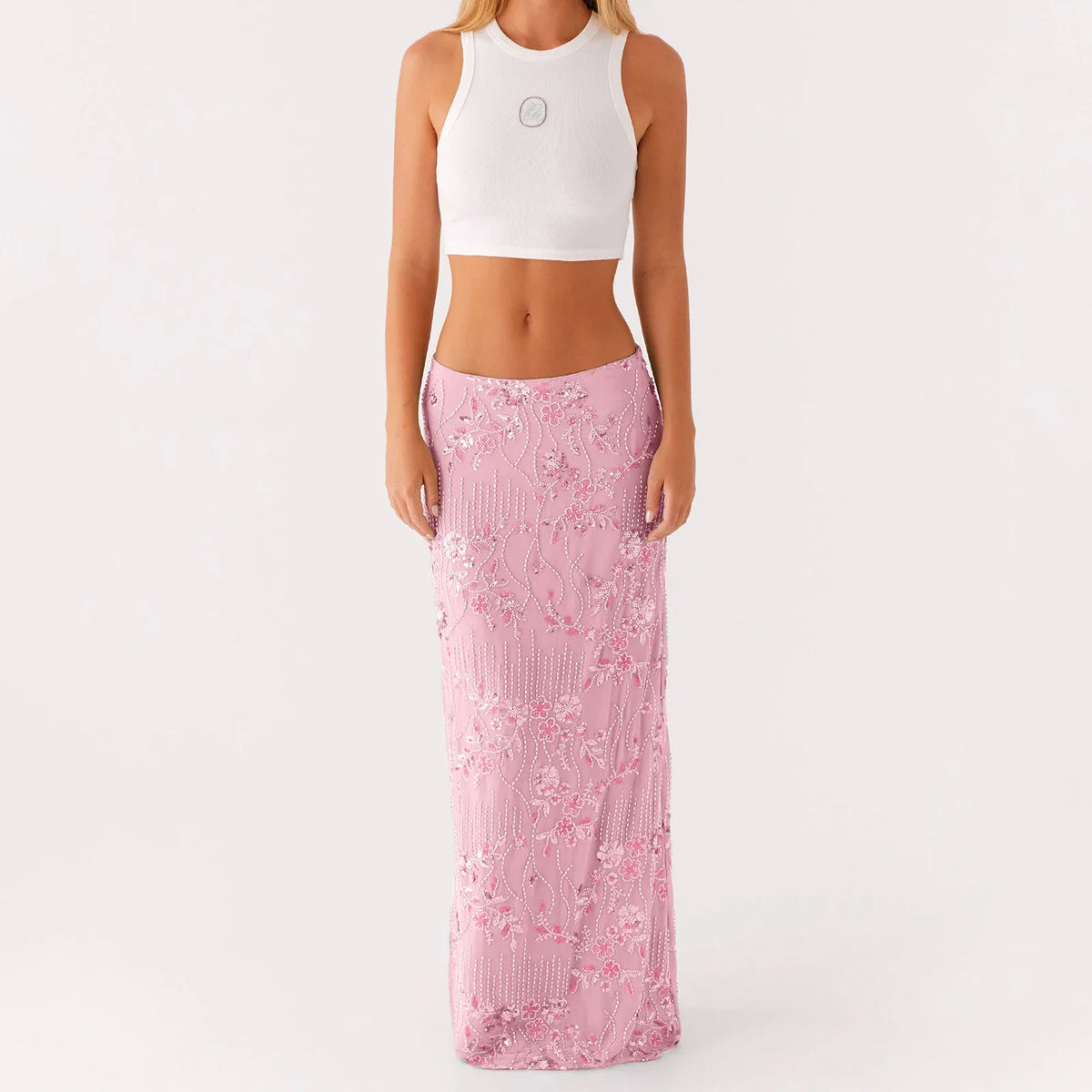 Elegant Beading Sequined Long Skirt for Women Summer Casual Floral Embroidery Maxi Straight Skirts for Beach Club Streetwear