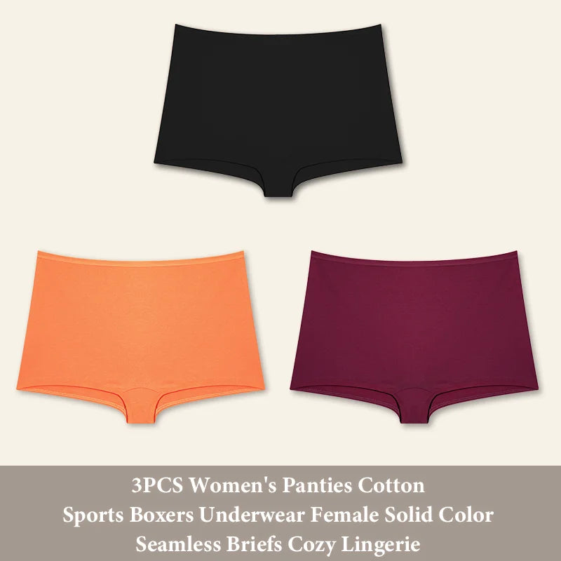 3PCS Women's  Cotton Seamless Panties Sports Boxers Underwear Female Solid Color Briefs Cozy Lingerie Intimate Underpants XS-XL