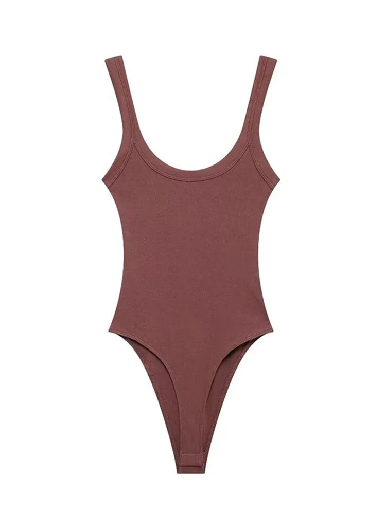 Women's Skinny Ribbed O-Neck Bodysuits with Straps Snap-Button Sexy Fashion Playsuits Comfortable Stretchy Female Clothing