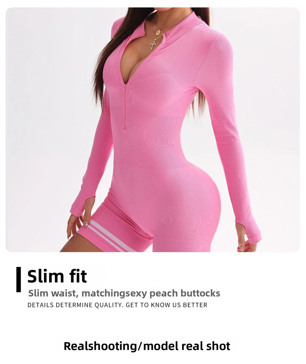 Women Sports Line Shorts Playsuits Zipper Neck One Piece Yoga Romper Pants Workout Fitness Gym Training Tights Suits