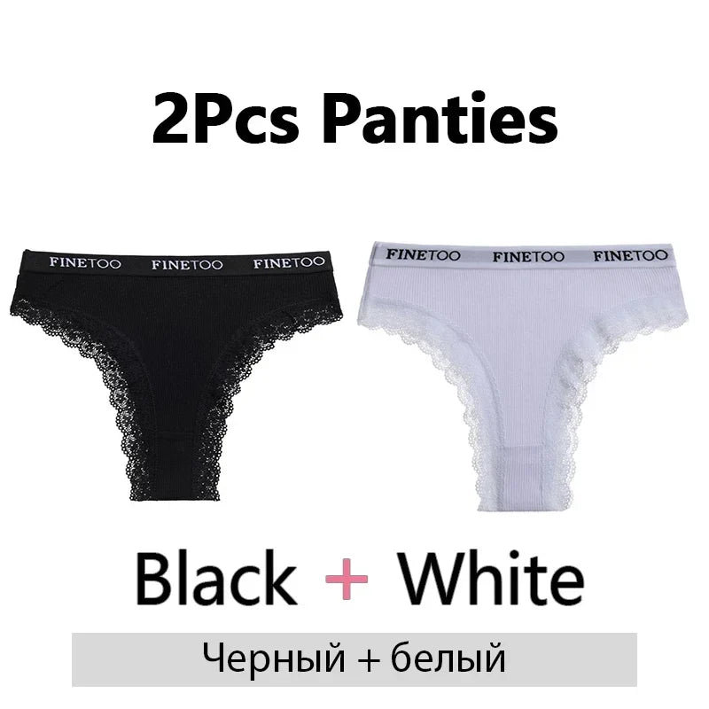 FINETOO 2Pcs/Set Women Cotton Brazilian Panties Plus Size M-2XL Lingerie Sexy Lace Underwear Low Rise Girls Intimates Underpants