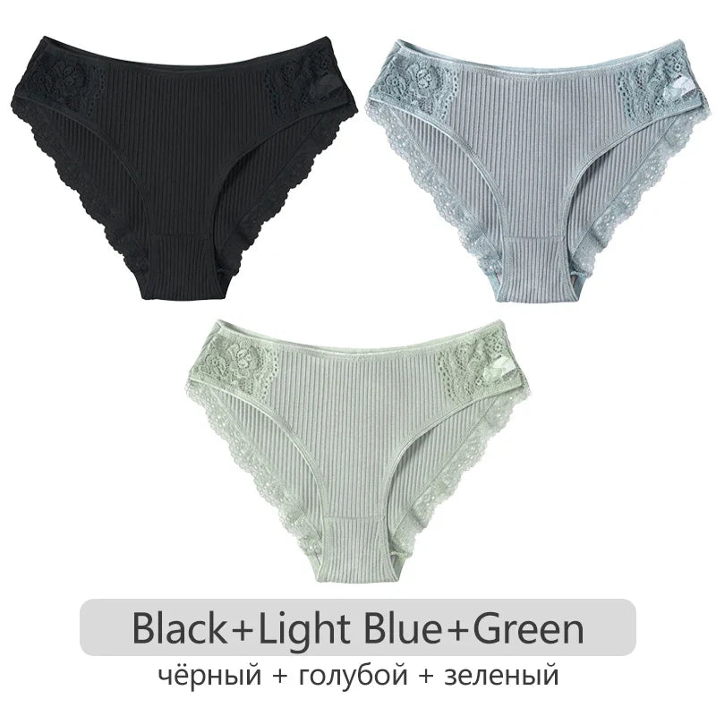 3Pcs/set Women's Cotton Panties M-2XL Trendy Patchwork Lace Underwear Female Low Waist Briefs Ladies Comfortable Underpants 2023