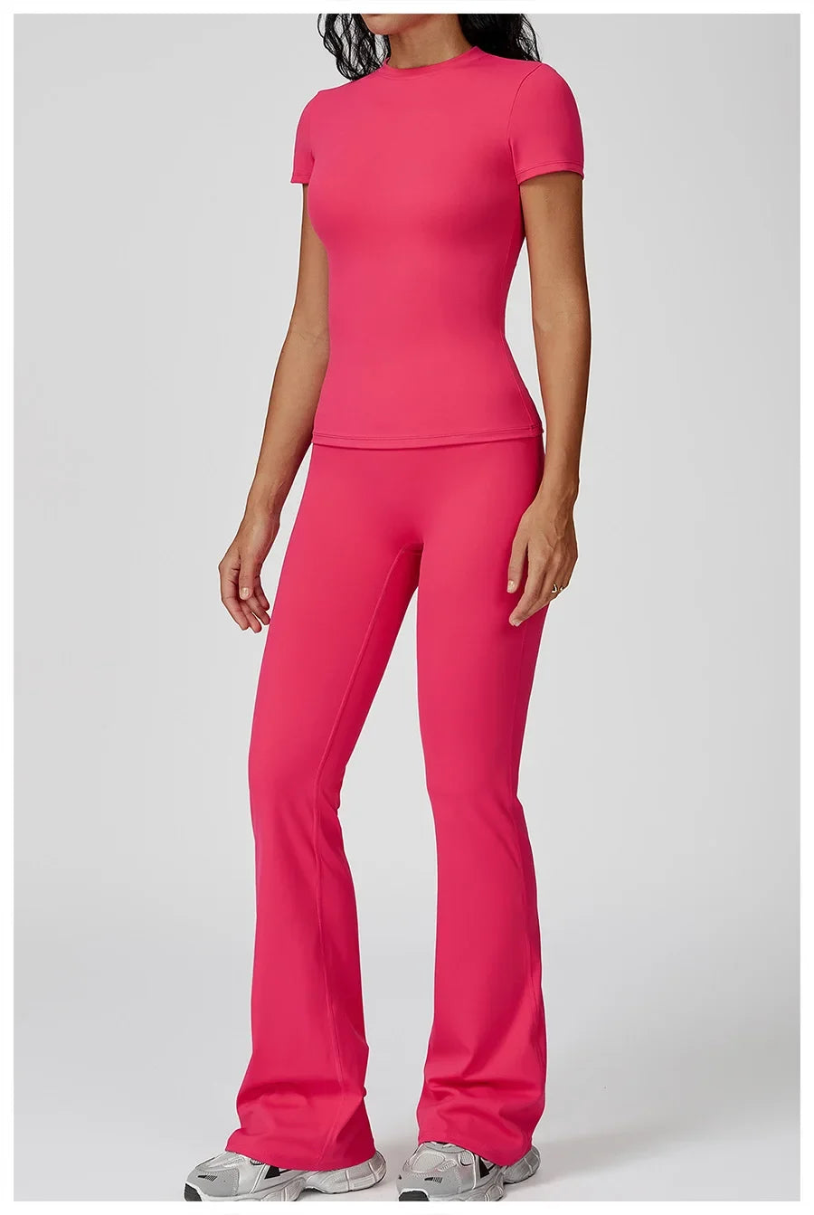 New Yoga Set Two Piece Women Short Sleeve Top with High Waist Leggings Seamless Workout Clothes Patchwork Sport Fitness Gym Sets