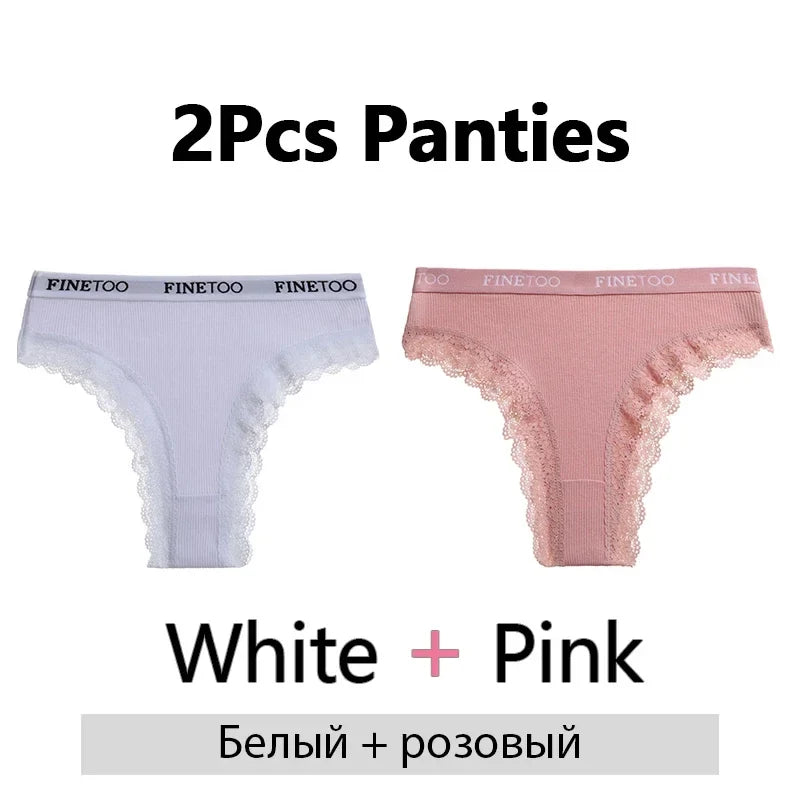 FINETOO 2Pcs/Set Women Cotton Brazilian Panties Plus Size M-2XL Lingerie Sexy Lace Underwear Low Rise Girls Intimates Underpants