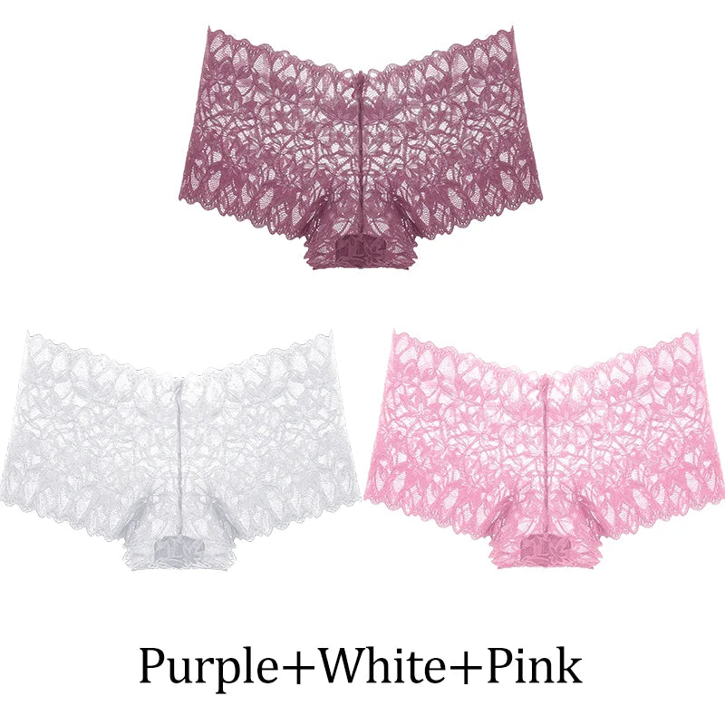 3Pcs Women Lace Boyshort Panties Low-Rise Sexy Underwear Trendy Floral Underpants Female Sexy Boyshort Panties Ladies Lingerie