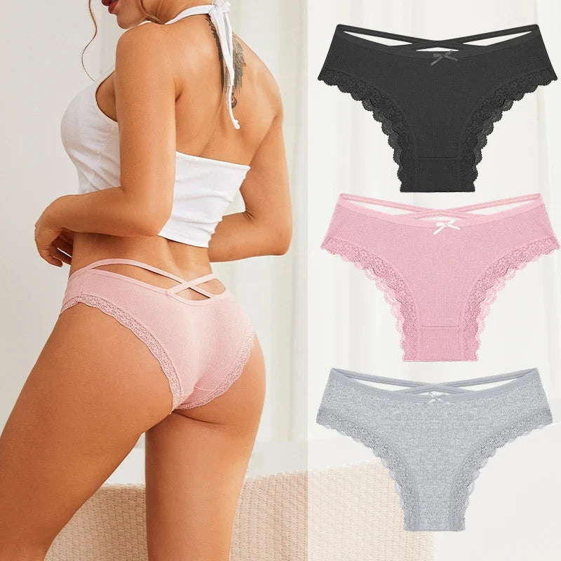 3PCS/Set Women Cotton Panties Low Waist Sexy Lace Brazilian Briefs Female Cross Webbing Underpants Soft Breathable Lingerie S-XL