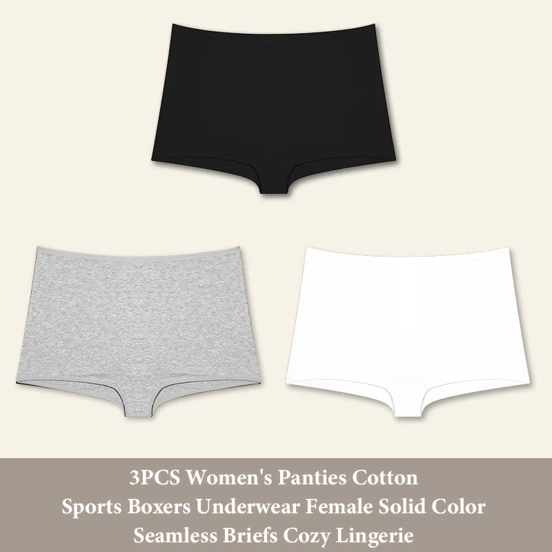 3PCS Women's  Cotton Seamless Panties Sports Boxers Underwear Female Solid Color Briefs Cozy Lingerie Intimate Underpants XS-XL