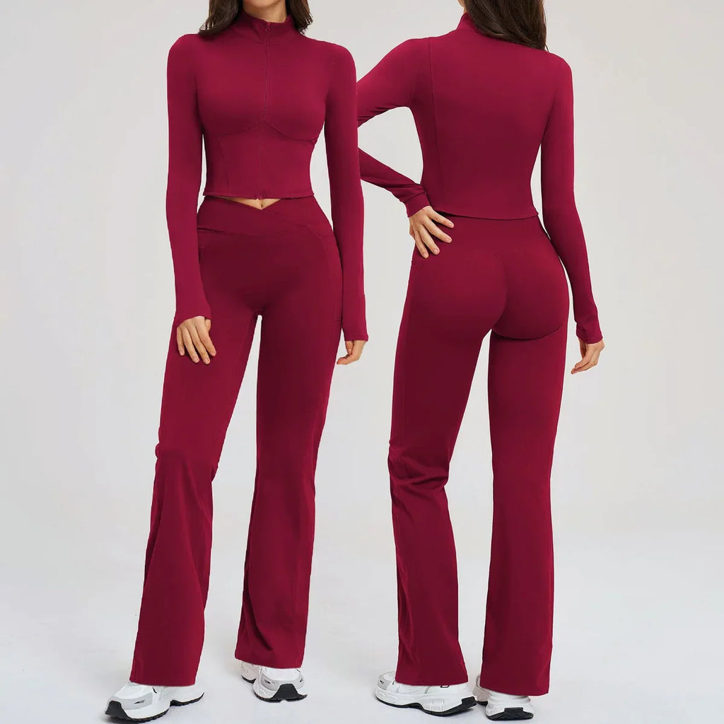 2PCS Yoga Set Gym Clothes Sportswear Seamless Women Fitness Long Sleeved Tracksuits Sports Workout Gym Flared Leggings Athletic