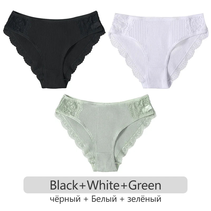 3Pcs/set Women's Cotton Panties M-2XL Trendy Patchwork Lace Underwear Female Low Waist Briefs Ladies Comfortable Underpants 2023