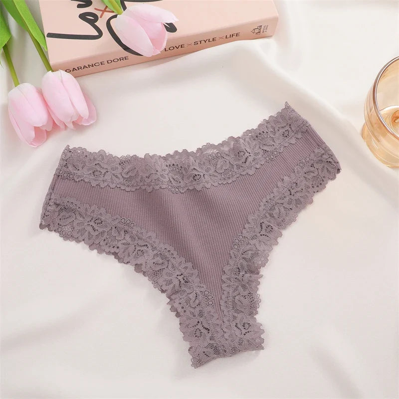 New Lace Seamless Cotton Panties Ribbed Maillard Brazilian Pants LowWaist Women Panties Breathable Girls Underwear Soft Lingerie