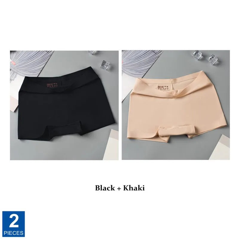 2pcs Seamless Women Boxers Underwear Ice Silk Shorts Solid Color Ladies Soft Boyshorts Plus Size M/L/XL