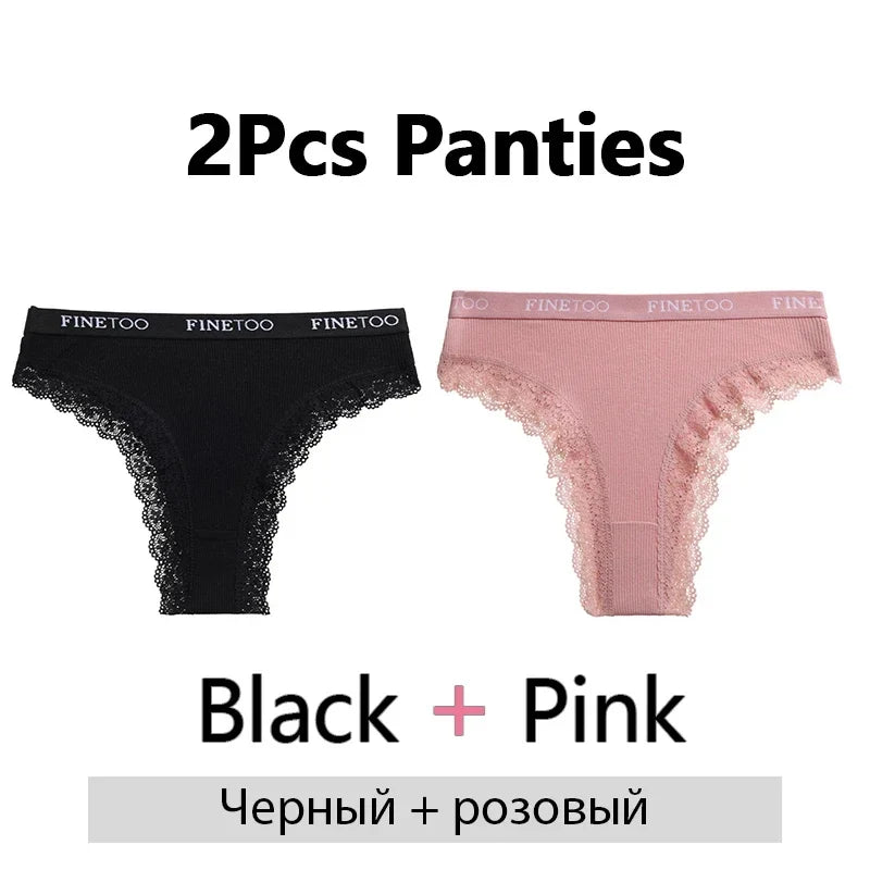 FINETOO 2Pcs/Set Women Cotton Brazilian Panties Plus Size M-2XL Lingerie Sexy Lace Underwear Low Rise Girls Intimates Underpants