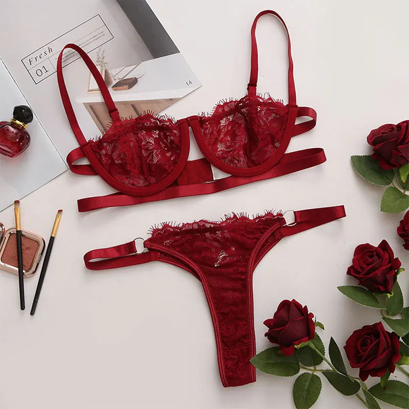 Thin Sexy Lingerie Bra Set  Erotic Push Up Breves Sets Woman Lace Transparent Underwear Embroidery Thong Kit Delicate Underwear