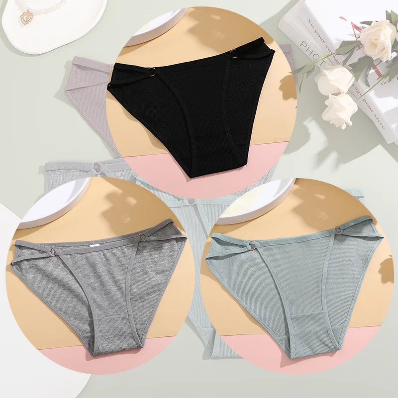 3Pcs Women Cotton Lingerie Sexy Soft Fashion Panties Femme Buckle Design Underwear Pantys Underpant Lingerie Lace Intimates S-XL