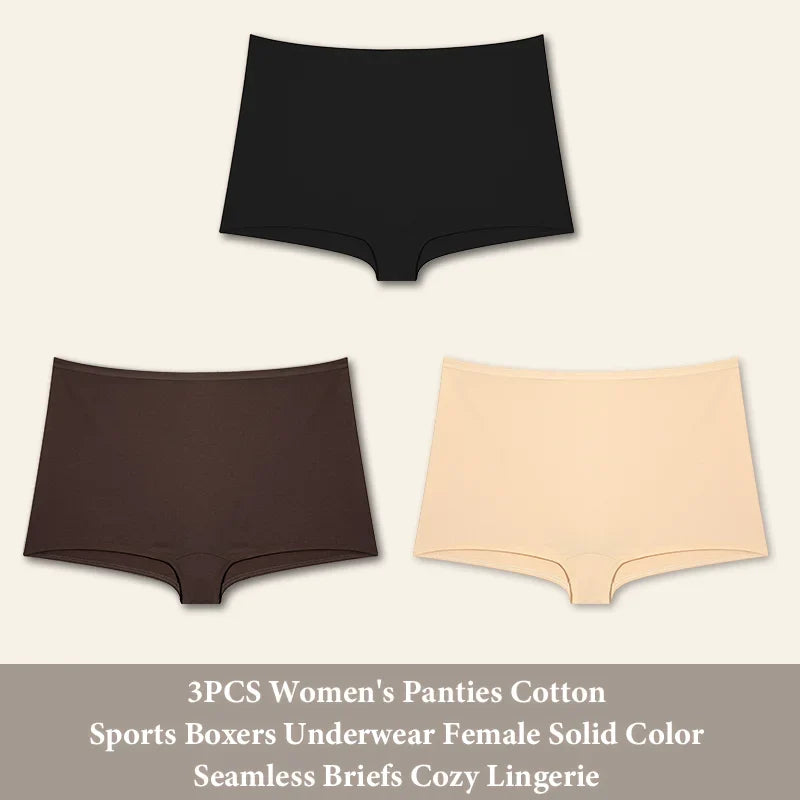3PCS Women's  Cotton Seamless Panties Sports Boxers Underwear Female Solid Color Briefs Cozy Lingerie Intimate Underpants XS-XL