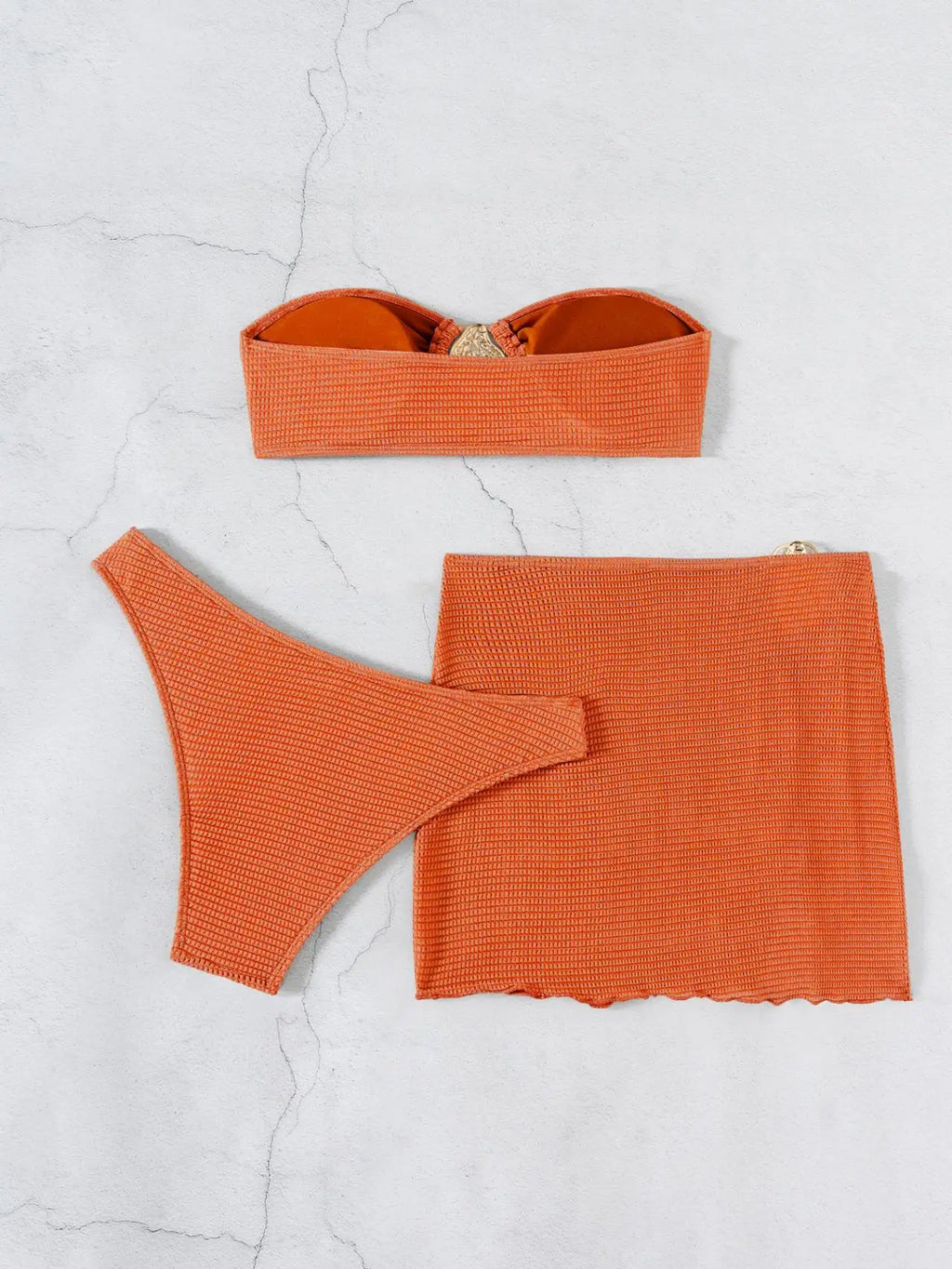 Sexy Bandeau Bikini Women Coffee Metal Water Droplet Ornament Push Up Mesh Skirt 3 Piece Swimsuit Beach Bathing Suit Swimwear