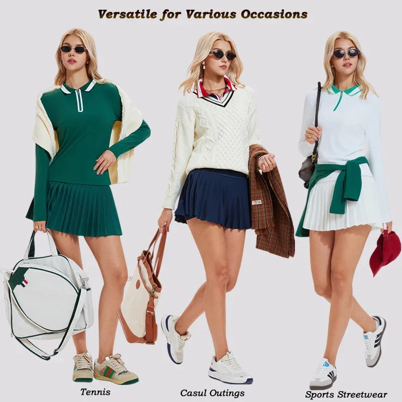 VITALINOVO Tennis Skirt Sets for Women Zipper Color Block Shirts High Waisted Golf Polo Two Piece Skirt Set Women 2 Piece Outfit